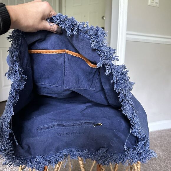 Melissa Odabash Cap Ferrat tote bag in navy blue cotton with leather handles - Picture 8 of 11